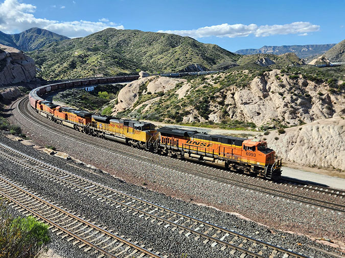 BNSF train passing through Cajon Pass, California